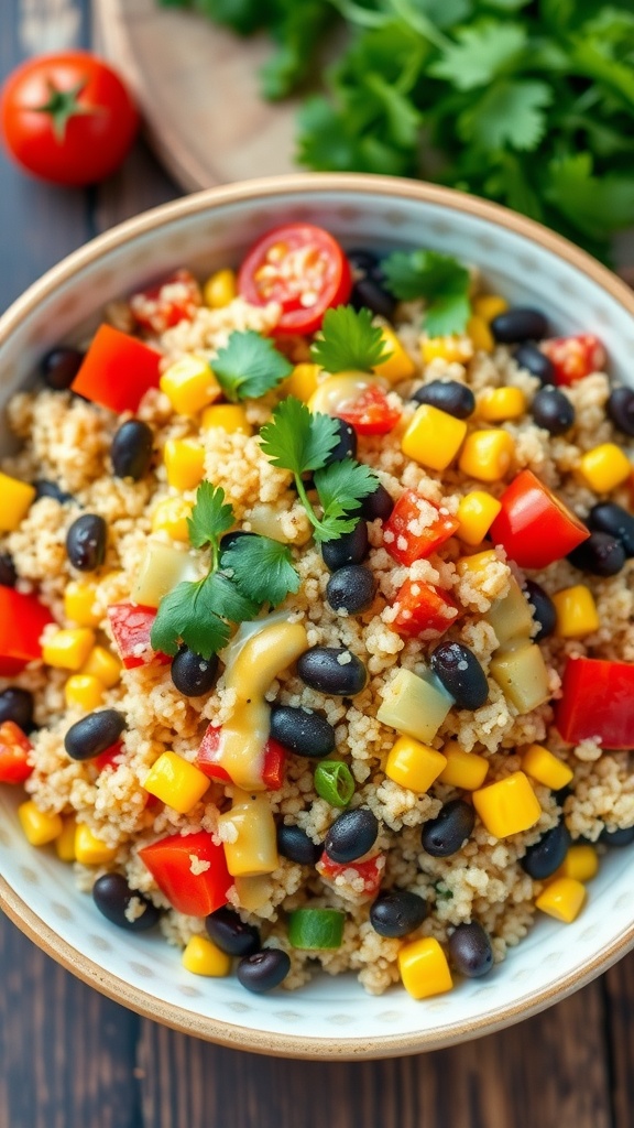High-protein quinoa salad with black beans, bell peppers, tomatoes, and corn, served in a colorful bowl.